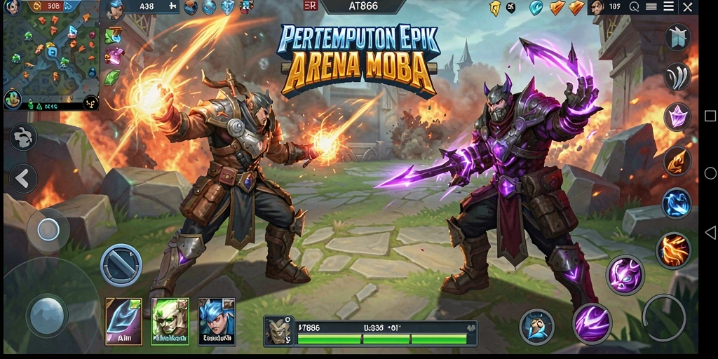 Screenshot gameplay menampilkan pertempuran seru di arena MOBA.