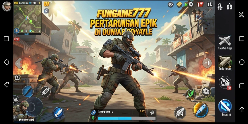 Screenshot gameplay FUNGame777 menunjukkan aksi pertempuran seru dalam Battle Royale.