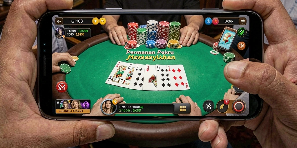 Screenshot utama GT108 menampilkan gameplay Poker yang menegangkan dan seru.