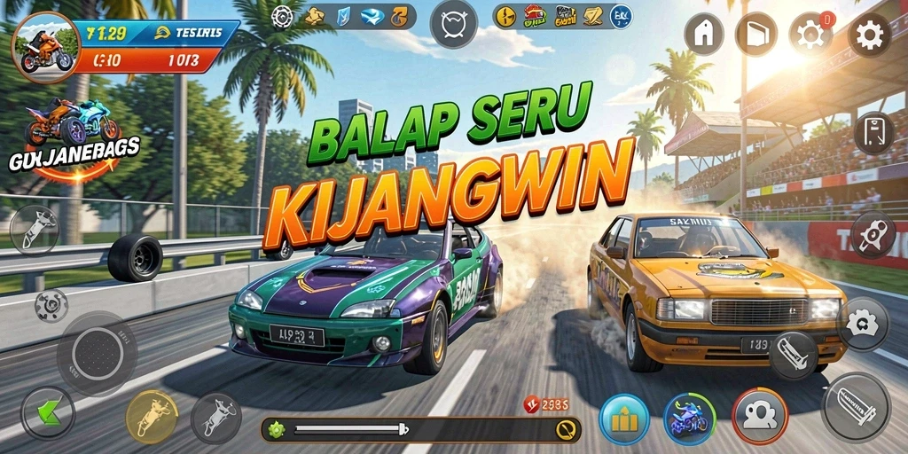 Screenshot utama KIJANGWIN menampilkan aksi balapan yang seru dan cepat.