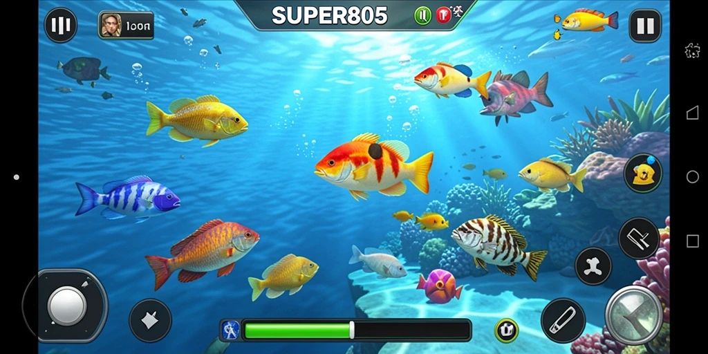 Screenshot gameplay SUPER805 menampilkan aksi menembak ikan yang mendebarkan.